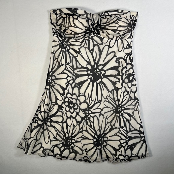 WHBM Strapless Dress Large Print Floral Outline‎ Knee Length Silk Blend 8 - Picture 1 of 12